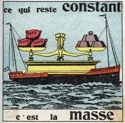 Gravité : la masse reste constante. Une énorme balance avec des poids équilibrant des sacs de café, le tout repose sur un bateau. Illustration anonyme de 1925. Collection privée.