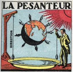 Gravité : la direction de la gravité est celle du fil à plomb, elle est perpendiculaire à la surface des eaux calmes, la verticale. En deux points éloignés de la Terre, on peut dire que deux fils à plomb sont parallèles. Illustration anonyme de 1925. Colle