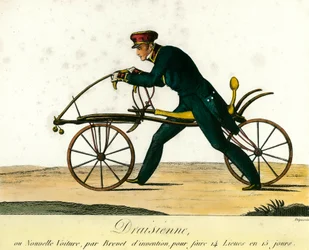 Histoire de la bicyclette : la draisienne, une nouvelle voiture très populaire vers 1818. Gravure de 1818. Collection privée