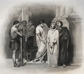 Sainte Victoire, martyre à Carthage avec Saint Saturnin, en 304. Gravure de 1846 dans « Vies des saints ». Collection privée.