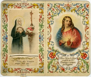 Image pieuse avec sainte Rita de Cascia et Jésus au Sacré-Cœur