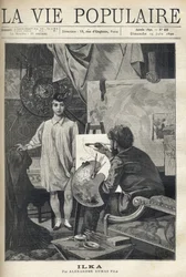 Dans un atelier, un jeune modèle en chemise et chaussette portant un petit chapeau à plumes pose pour un peintre, installé à son chevalet, tenant sa palette et ses pinceaux, appliqué à son croquis. Illustration par Alfons Maria Mucha (Alphonse Marie Mucha)