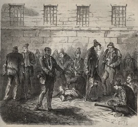 Forces infirmes au bagne de Toulon au XIXème siècle. Gravure dans « Histoire des bagnes depuis leur création à nos jours » (1877) par Pierre Zaccone. Collection privée.