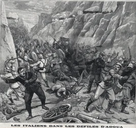 Les Italiens combattant à Adoua en Éthiopie. Gravure dans "Le Petit Parisien"