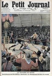 Jack Johnson remportant le championnat du monde de boxe contre Jim Jeffries à Reno, Nevada, le 4 juillet