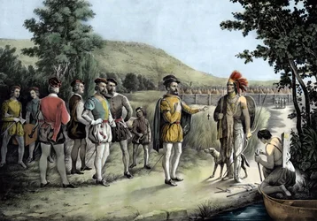 Jacques Cartier, sa première rencontre avec les Indiens à Hochelaga maintenant Montréal en 1535 (lithographie)