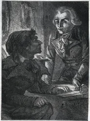 Jean-Paul (Jean Paul) Marat (1743-1793) avec Maximilien de Robespierre (1758-1794). Gravure de 1866 dans « Histoire de la Révolution française » par Adolphe Thiers. Collection privée.