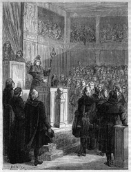 Jean Baptiste Gobel (1727-1794), archevêque de Paris, portant une calotte rouge et tenant sa mitre en main, renonça à ses fonctions et à la prêtrise le 7 novembre 1793. Gravure de 1866 dans « Histoire de la Révolution française » par Adolphe Thiers. Collec