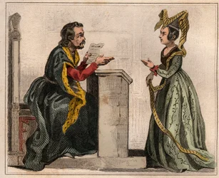 Jehan Pastoret (1328-1405), président du Parlement de Paris sous le règne de Charles V avec une noble dame, portant un liripion. Gravure de 1859 dans Le Monde. Histoire de tous les peuples depuis les temps les plus reculés jusqu