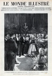 Voyage de Sadi Carnot (1837-1894) en Savoie : le Président de la République est accueilli à Chambéry par des jeunes filles lui offrant un bouquet de fleurs. Gravure dans « Le monde illustré » de 1892. Collection privée.