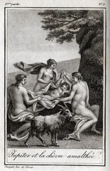 Jupiter enfant nourri par la chèvre Amalthée. Gravure de 1819 dans "Lettres à Emilie sur la mythologie" par Charles Albert Demoustier (1760-1801). Collection privée.
