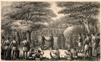 Le roi Lebuschi accueille Henri Depelchin (1822-1900), missionnaire jésuite et premier supérieur de la mission du Haut Zambèze en Afrique. Gravure dans « Les Missions Catholiques au XIXe Siècle » par Louis-Eugène Louvet. Collection privée.