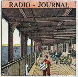 La T.S.F. : radio - journal. Vendeur de journaux sur un paquebot. Illustration anonyme de 1925. Collection privée.
