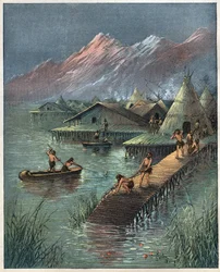 Village lacustre, cité lacustre préhistorique (Village bâti sur pilotis) (Le palafitte, Palafitta) Gravure de 1892