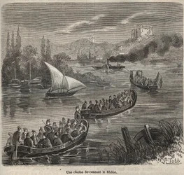 Le bagne de Toulon - une chaîne descendant le Rhône - Gravure dans « Histoire des bagnes depuis leur création à nos jours » (1877) par Pierre Zaccone (1817-1895)