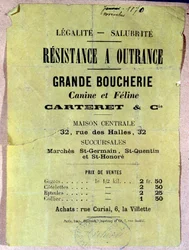 Légalité - Assainissement. Résistance à outrance. Grande boucherie canine et féline... Affiche montrant le prix de la viande de chien et de chat pour les habitants de Paris pendant le siège de la Commune de 1870.