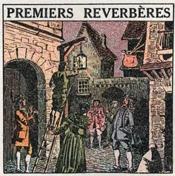 Sources de lumière : les premiers réverbères installés en France en 1677. Illustration anonyme de 1925. Collection privée.