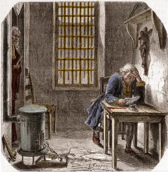 Louis XVI (1754-93) lisant son testament dans la tour du Temple le 25 décembre 1792 - Gravure dans « Histoire des Girondins » par Alphonse de Lamartine (1790-1869) 1865-1866 - Collection privée