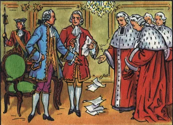 Louis XV (1710-1774), roi de France, annule les décisions du parlement. Illustration anonyme dans « Collection des souverains et chefs d