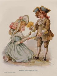 Faire la boule de primevère, illustration de livre, début du 20ème siècle (lithographie en couleur)