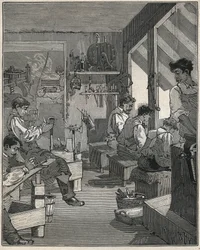 Fabrication de peignes dans un atelier en France au XIXe siècle. Gravure de 1885 dans « Les arts et métiers illustrés » par Adolphe Bitard.