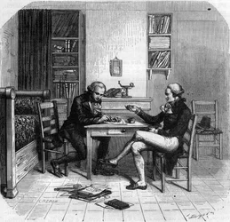 Maximilien de Robespierre (1758-1794), homme politique français, membre du Comité de salut public avec Maurice Duplay dans sa chambre - Chambre de Maximilien de Robespierre chez Maurice Duplay (1736-1820) rue Saint-Honoré à Paris - Gravure dans « Histoire 