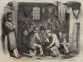 Repas des forçats au bagne de Rochefort au XIXe siècle. Gravure dans « Histoire des bagnes depuis leur création à nos jours » (1877) par Pierre Zaccone (1817-1895). Collection privée