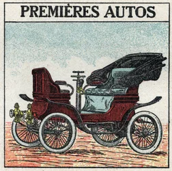 Traction mécanique : les premières voitures à essence inventées en 1895 par Panhard et Levassor. Illustration anonyme de 1925. Collection privée.