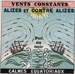Météorologie : vents constants. Alizés, contre-alizés, zone de calme équatoriale. Illustration anonyme de 1925. Collection privée.