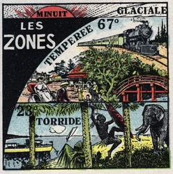 Météorologie : distribution de la chaleur sur terre et différents climats (zones chaudes, tempérées, polaires). Illustration anonyme de 1925. Collection privée.