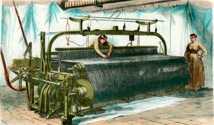 Métier pour le tissage mécanique dans une grande usine. Gravure vers 1860