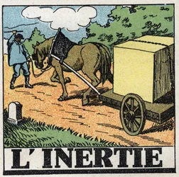 Mouvements : inertie. Un charretier fouettant son cheval pour le faire avancer. Illustration anonyme de 1925. Collection privée