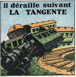 Mouvements : tangente. Déraillement de train. Illustration anonyme de 1925. Collection privée.