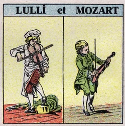 Instruments de musique: instruments à cordes frottées. Jean Baptiste Lully (Giovanni Battista Lulli) (1632-1687) et Wolfgang Amadeus Mozart (1756-1791) jouant du violon. Illustration anonyme de 1925. Collection privée