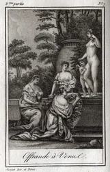 Offrande à Vénus. Petits amours (angelots) se rassemblent pour rendre hommage à la déesse Aphrodite. Gravure de 1819 dans "Lettres à Emilie sur la mythologie" par Charles Albert Demoustier (1760-1801). Collection privée.