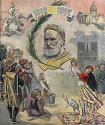 Un des « Le petit journal » rendant hommage au poète et écrivain français Victor Hugo (1802-1885) pour le centenaire de sa naissance. Les personnages de ses romans sont représentés (Esmeralda, Quasimodo, Cosette). 02/03/1902 Collection privée