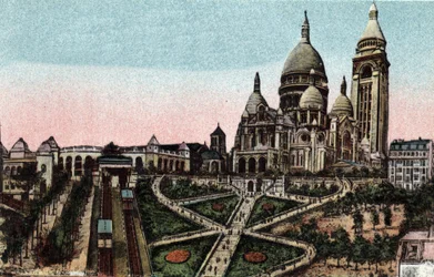 Paris : funiculaire et Basilique du Sacré-Cœur sur la Butte Montmartre. Photographie de 1920 dans "Album Artistique" de la ville de Paris. Collection privée.