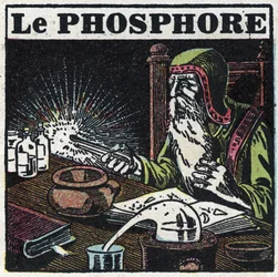 Phosphorescence : phosphore. Un alchimiste cherchant la pierre philosophale dans son laboratoire. Illustration anonyme de 1925. Collection privée.
