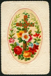 Image pieuse : Croix avec des fleurs (chromolithographie)