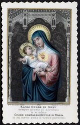 Image pieuse : Jésus enfant dans les bras de sa mère Marie, avec le Sacré-Cœur (gravure)