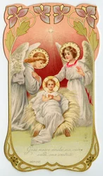 Image pieuse : Nativité de Jésus avec deux anges (chromolithographie)