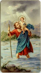 Image pieuse : Saint Christophe traversant le Jourdain avec le jeune Jésus sur son dos