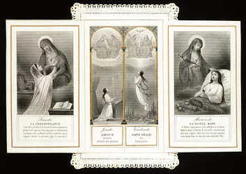 Image pieuse : "persévérance, Amour envers Jésus et Marie, le Saint Désir du Paradis, la Bonne Mort" Carte dentelée en triptyque. 19e siècle. Collection privée