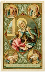 Image pieuse : Scènes de la vie de Sainte Anne, le mariage, la naissance de Marie, la présentation au Temple et la mort