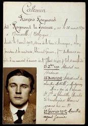 Fiche de police de Raymond Callemin dit Raymond la Science, complice de Jules Bonnot avec la liste de ses crimes