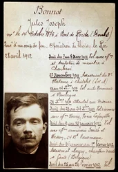 Fiche de police du criminel Jules Bonnot (1876-1912) (bande Bonnot) avec liste des crimes