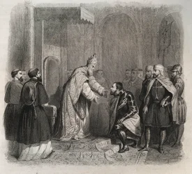 Le pape Saint Pie V (Pie ou Pio) (1566-1572) reçoit le vainqueur de la bataille de Lépante. Gravure de 1846 dans « Vies des saints ». Collection privée.