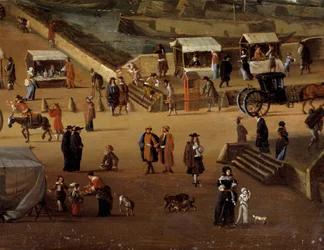 Chaises à porteurs et commerce sur le Pont Neuf à Paris au XVIIe siècle (détail)