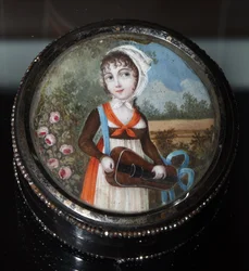 Portrait de jeune fille à la vielle à roue. Aquarelle anonyme vers 1800. Collection privée
