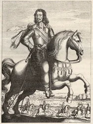 Portrait de Bernard de Saxe-Weimar (Saxe-Weimar) (1604-1639) avec la représentation de la capture de Jean de Werth par le duc Bernard et le duc de Rohan. Gravure du XVIIe siècle. Collection privée.